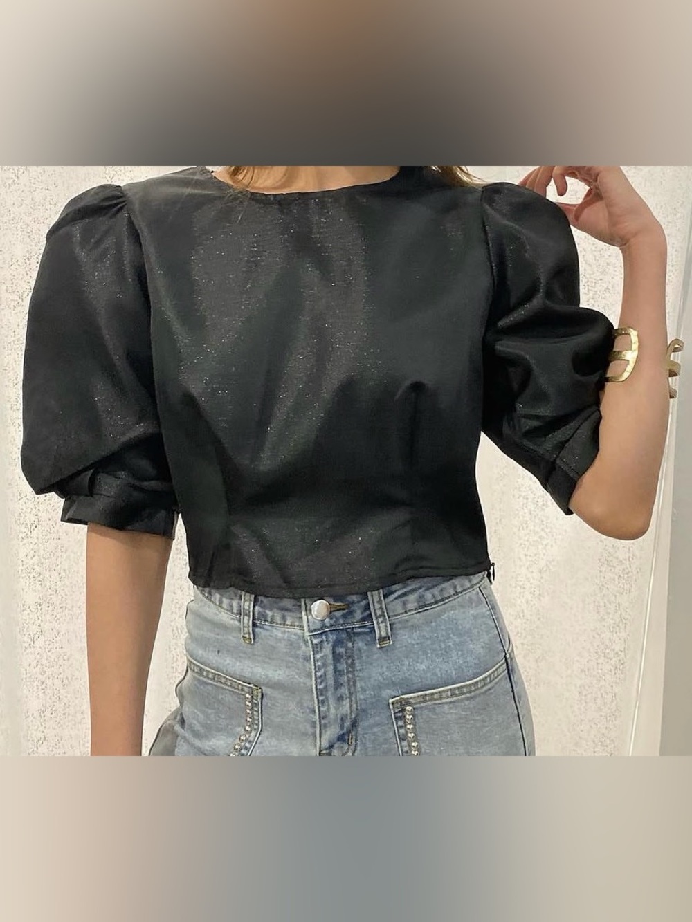 ZTYLING-U- Shimmery Black Puff Sleeve Crop Top